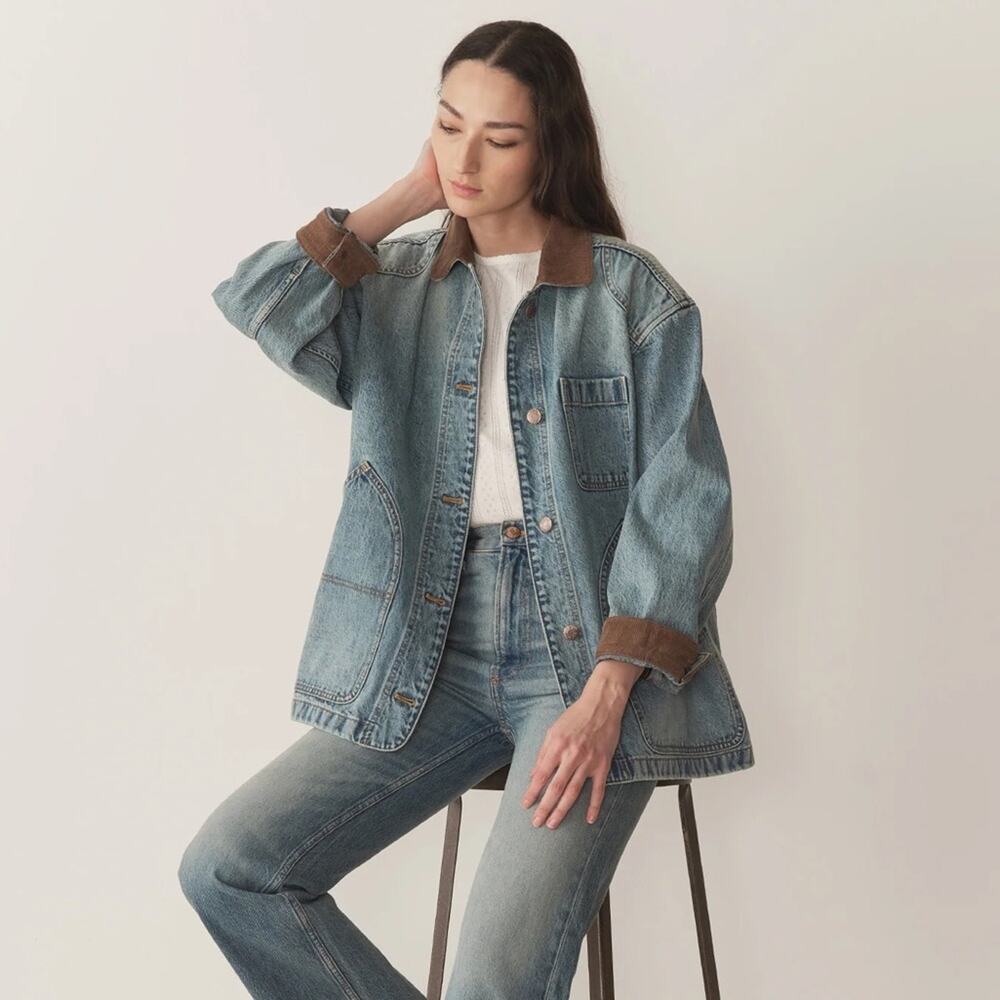 NWT Doen Pascual Cotton Denim Jean Corduroy Collar Barn Jacket Deveraux Wash - Picture 4 of 14